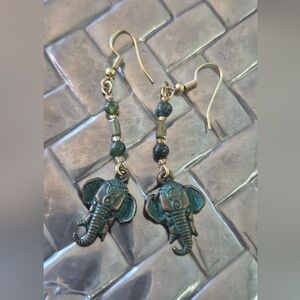 ANTIQUE GOLD Earrings with Verdigris Patina Elephant Charms.